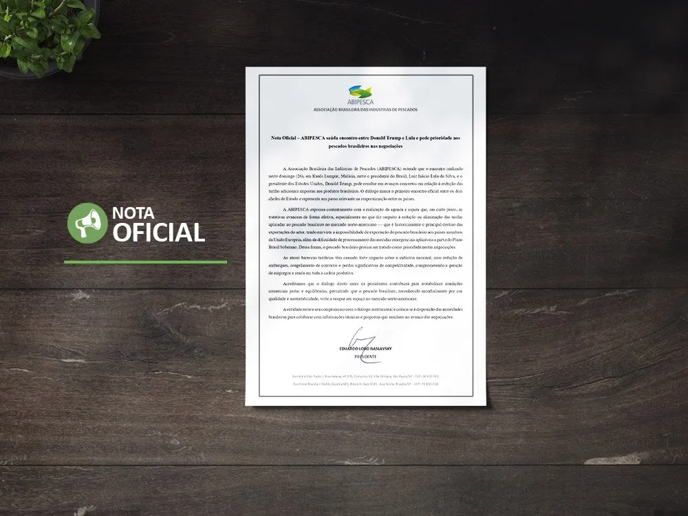 Nota Oficial – ABIPESCA saúda encontro entre Donald Trump e Lula e pede prioridade aos pescados brasileiros nas negociações