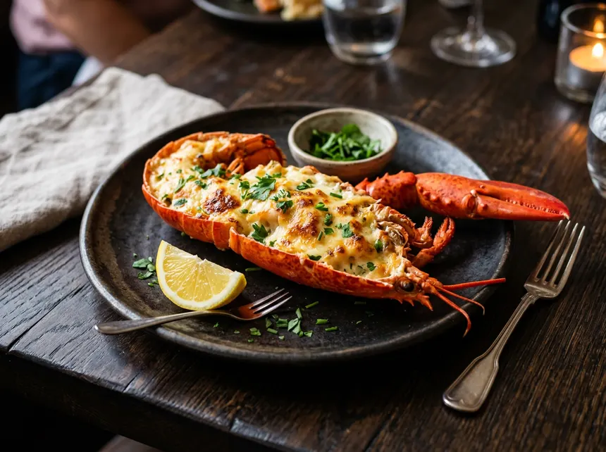 Lagosta ao thermidor, gratinada na casca