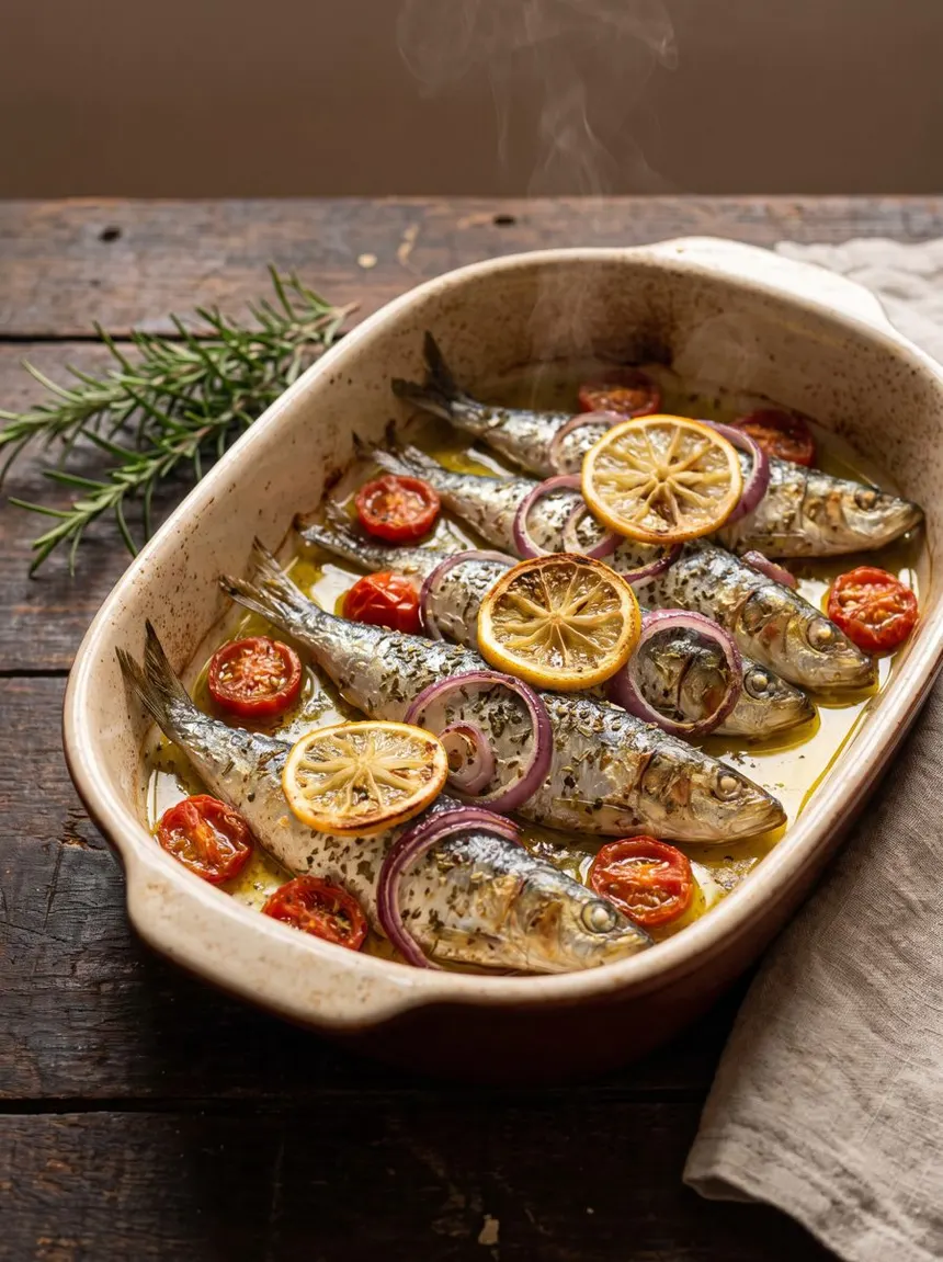 Sardinha assada no forno com limão e cebola
