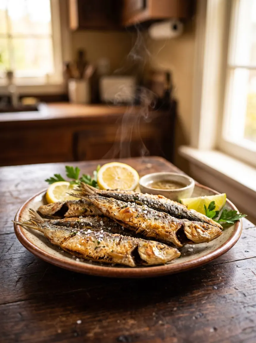 Sardinha frita crocante com limão